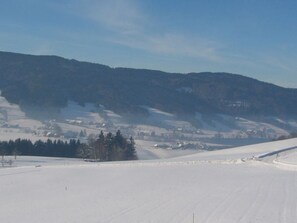 Un paysage enneigé, avec une montagne en arrière-plan et un ciel dégagé.