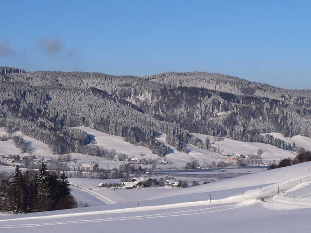 Ett snötäckt landskap med en by och berg i bakgrunden.