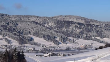 Ett snötäckt landskap med en by och berg i bakgrunden.