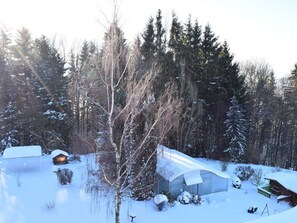 Eine schneebedeckte Lodge, umgeben von Bäumen, mit freiem Blick auf den umliegenden Wald.