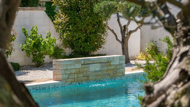 Une piscine bordée de pierres, entourée de verdure et d’un mur blanc.