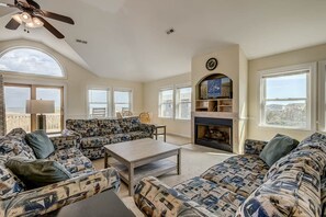 TV, fireplace, DVD player, table football - Glistening Sands | Oceanfront | Private Pool, Hot Tub | Nags Head (Nags Head)