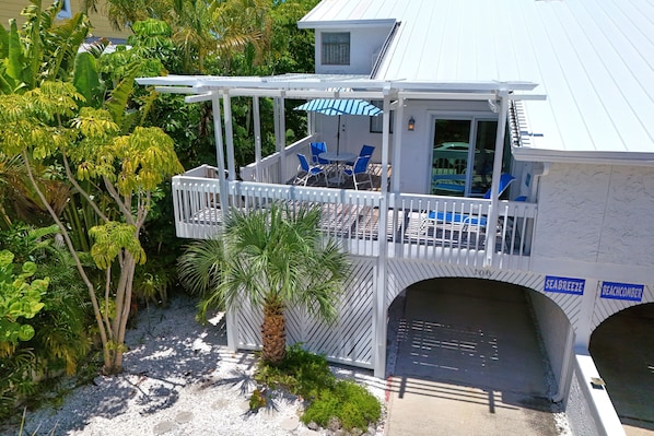 A covered outdoor deck with blue chairs and a table, surrounded by lush greenery and a palm tree.