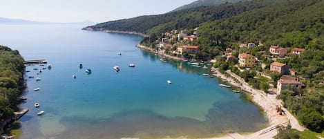 On the beach, sun loungers