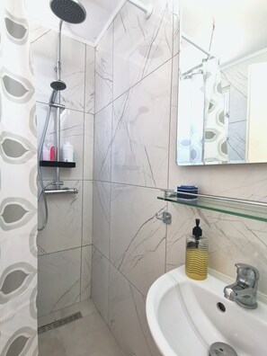 Hair dryer, towels, shampoo, toilet paper