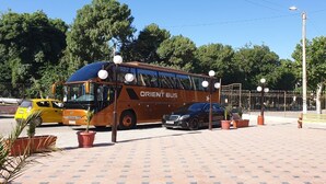 A bus parked on a paved area with potted plants and a fence in the background.