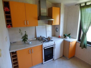 Fridge, oven, stovetop, coffee/tea maker