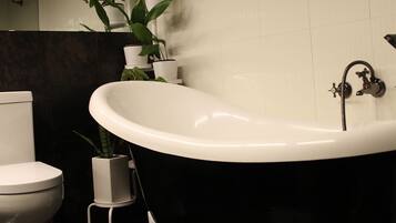 Combined shower/bathtub, jetted bath, hair dryer, towels