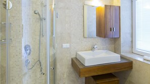 Shower, hair dryer, towels
