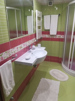 Shower, hair dryer, towels, soap