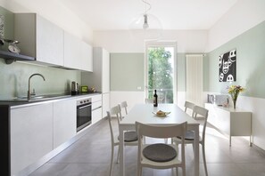 Coffee/tea maker, fridge, microwave, oven