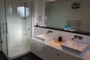 Shower, hair dryer, toilet paper