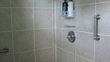 Regadera, secadora de cabello, toallas, jabón