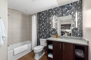 Hair dryer, towels, shampoo