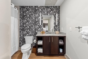 Hair dryer, towels, shampoo