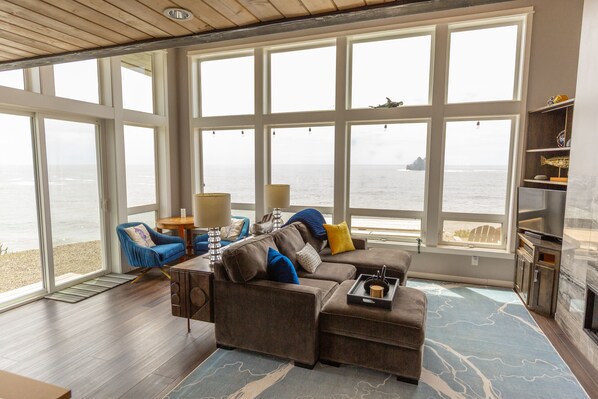 Fireplace, DVD player, books, video library