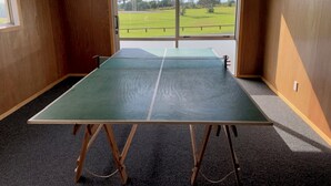 A ping pong table in a room with wooden walls and a large window offering a view of a grassy field.