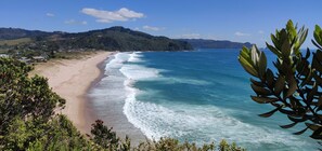 Un paysage côtier avec une plage de sable, une mer d’un bleu limpide et une végétation luxuriante.