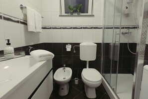 Shower, hair dryer, towels, soap