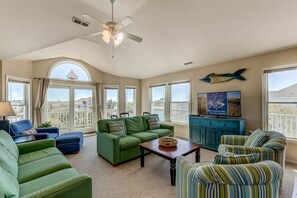 TV, DVD player, foosball, stereo