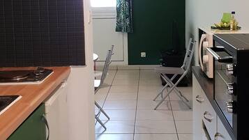 Microwave, coffee/tea maker, toaster, cookware/dishes/utensils