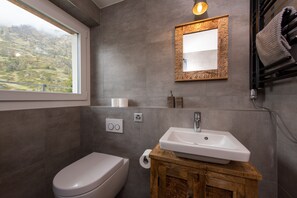 A bathroom with a toilet, sink, mirror, and window.