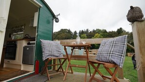Un espace extérieur accueillant avec une table et des chaises, une petite cuisine visible à l’intérieur d’un bâtiment vert et une terrasse en bois.