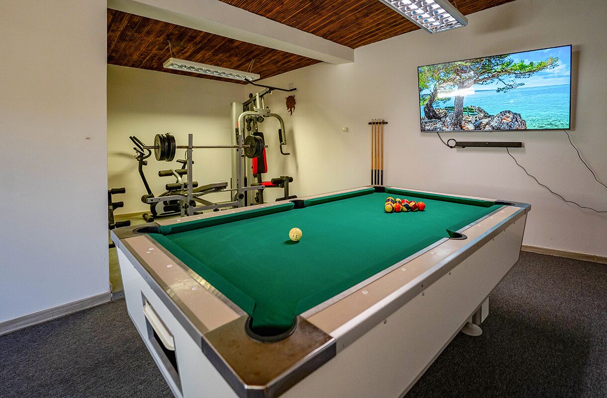 Ein Billardtisch mit grüner Spielvliesbahn, einer weißen Stoßkugel und Billardkugeln. An der Wand ist ein Fernseher angebracht, der ein Landschaftsbild zeigt.