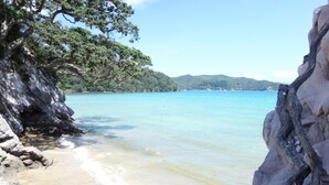 A beach with clear turquoise water, rocky shore, and dense green foliage. - XSPOT Cliff 4WD holiday apartment for two - Spectacular 270° Hauraki Gulf views (Tryphena)