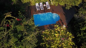 Vue aérienne d’une piscine entourée d’une végétation luxuriante et d’une terrasse en bois agrémentée de chaises longues.