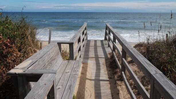 A wooden boardwalk leading to the ocean. - Near The Edge | 95 ft from the beach | Community Pool | Duck (Duck)