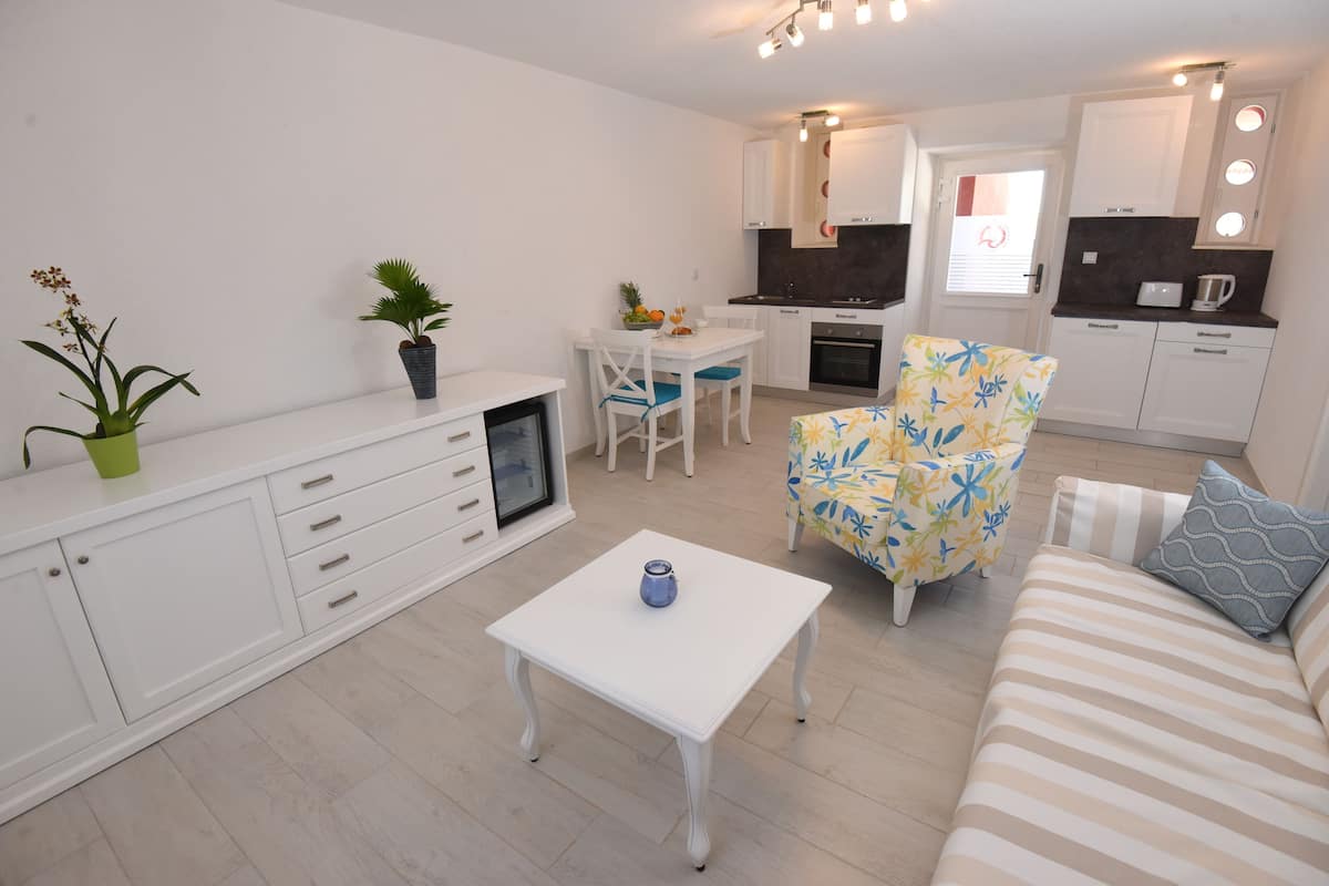 A compact living space with a kitchenette, a dining area, and a sofa.
