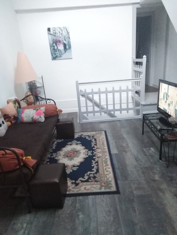 A living room with a sofa, ottoman, and a television. There is a decorative rug and a white gate in the background.