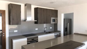 A modern kitchen with dark wood cabinets, stainless steel appliances, and a sleek countertop. - Renovated house in Porto Saler (FORMENTERA)