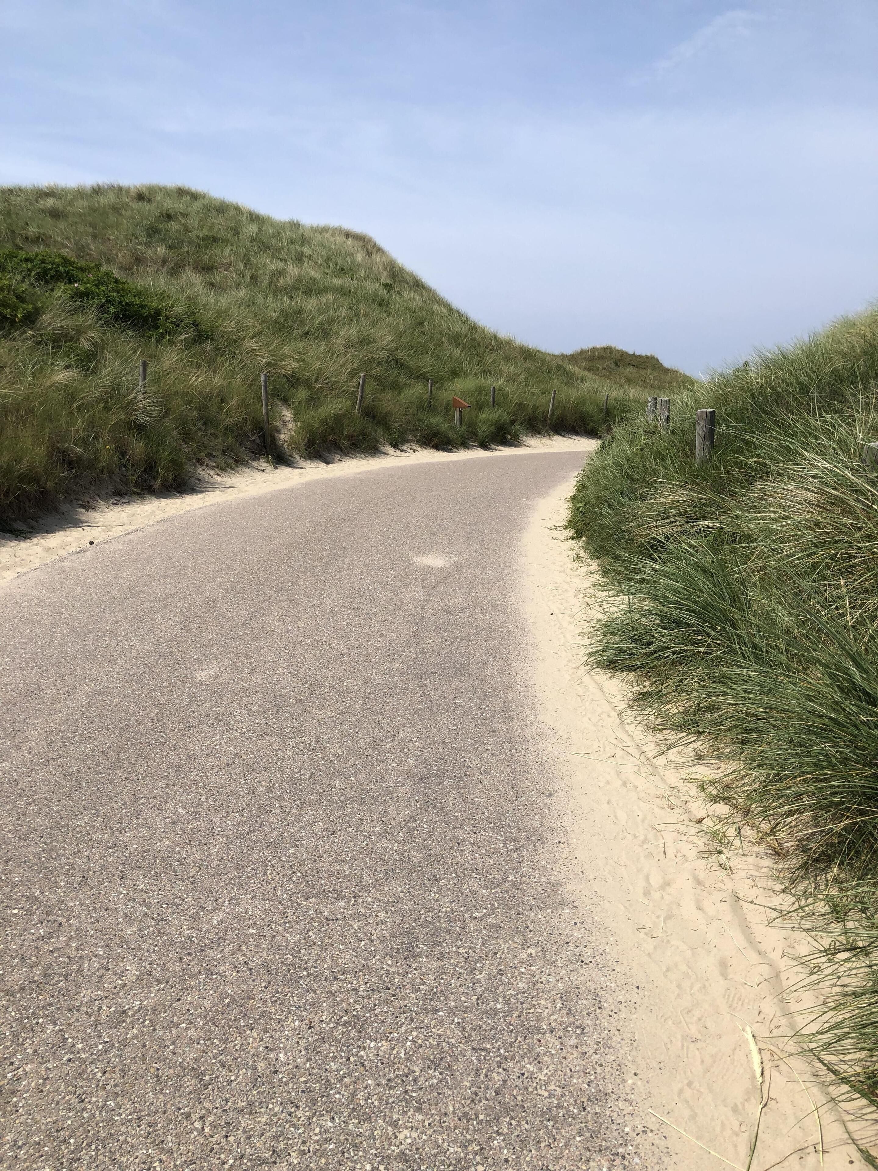 A paved road curving through a grassy area with a sandy shoulder.