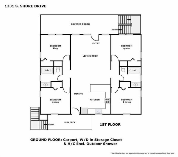 A 1st floor floor plan of a property at 1331 S. Shore Drive, including a covered porch, entry, living room, kitchen, dining, two bedrooms, and a sun deck. - Beach Bofs - Classic 4BR Home on the 2nd Row; Covered Porch! (Surf City)