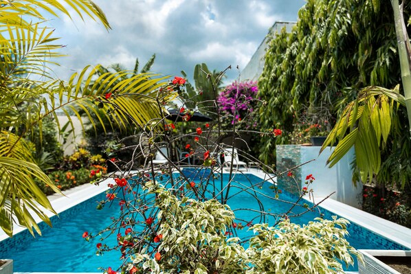 Una piscina rodeada de exuberante vegetación tropical y un cielo nublado.