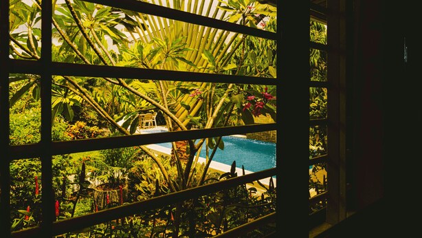 A view through a window with a pool and lush tropical vegetation. - Villa Jaddis (Abidjan)