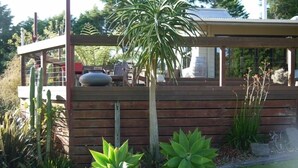 A wooden deck with a pergola, surrounded by various plants and a cactus. - Our Tree house, private rural retreat . (Whakatane)