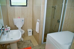 Hair dryer, towels, soap, toilet paper