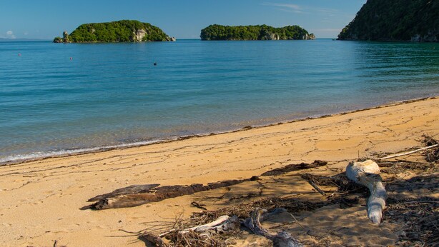 Une plage avec une eau d’un bleu limpide, un rivage sablonneux et deux petites îles qui se dessinent à l’horizon.