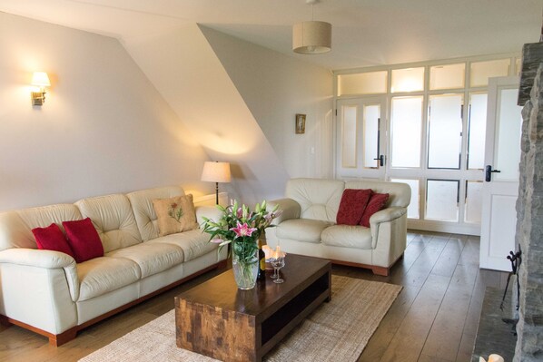 Smart TV, fireplace, DVD player, books