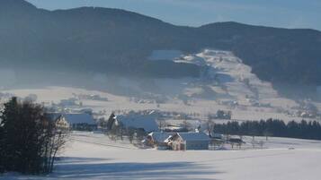 Een besneeuwd landschap met enkele gebouwen, waaronder een huis met een rode deur en een schuur, omringd door bergen.