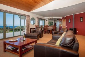 Televisión, chimenea, libros y estéreo 