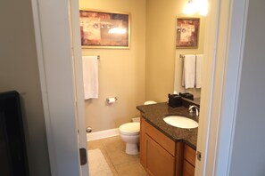 Hair dryer, towels, soap, shampoo