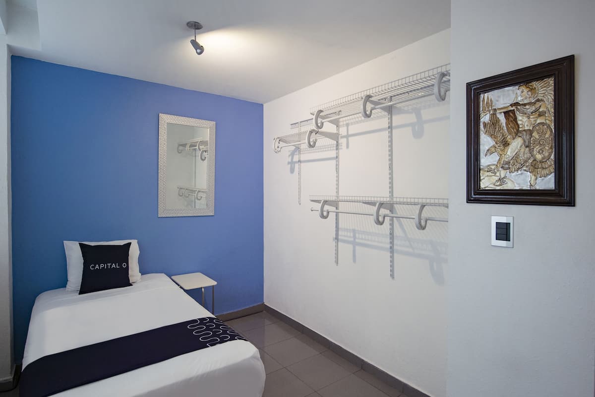A hotel room with a bed, a mirror, a wall-mounted drying rack, and a framed artwork.