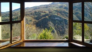 A room with a large window overlooking a mountainous landscape.