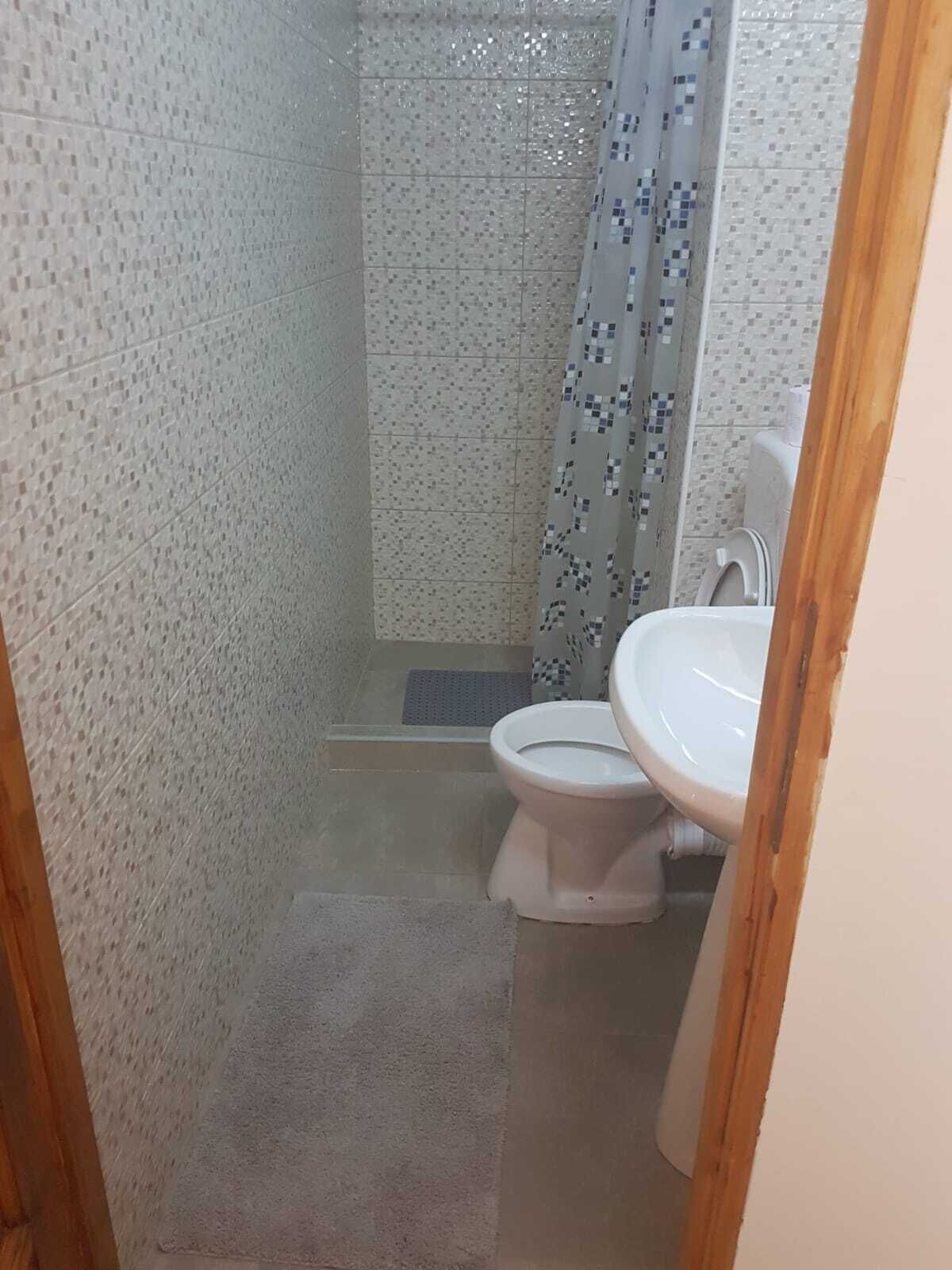 Un baño pequeño con inodoro, lavabo y zona de ducha.