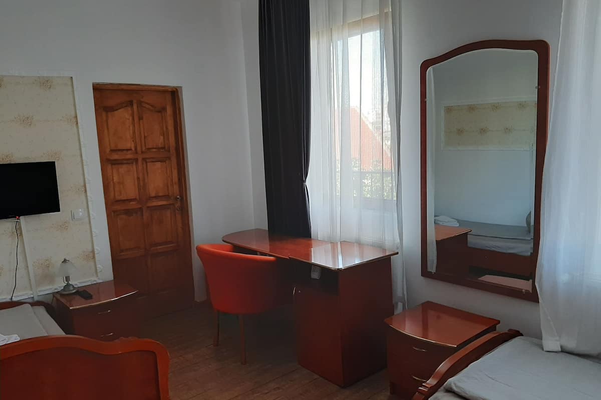 Ein Zimmer mit einem Holztisch, einem Stuhl, einem Bett, einem Spiegel und einem Fernseher.