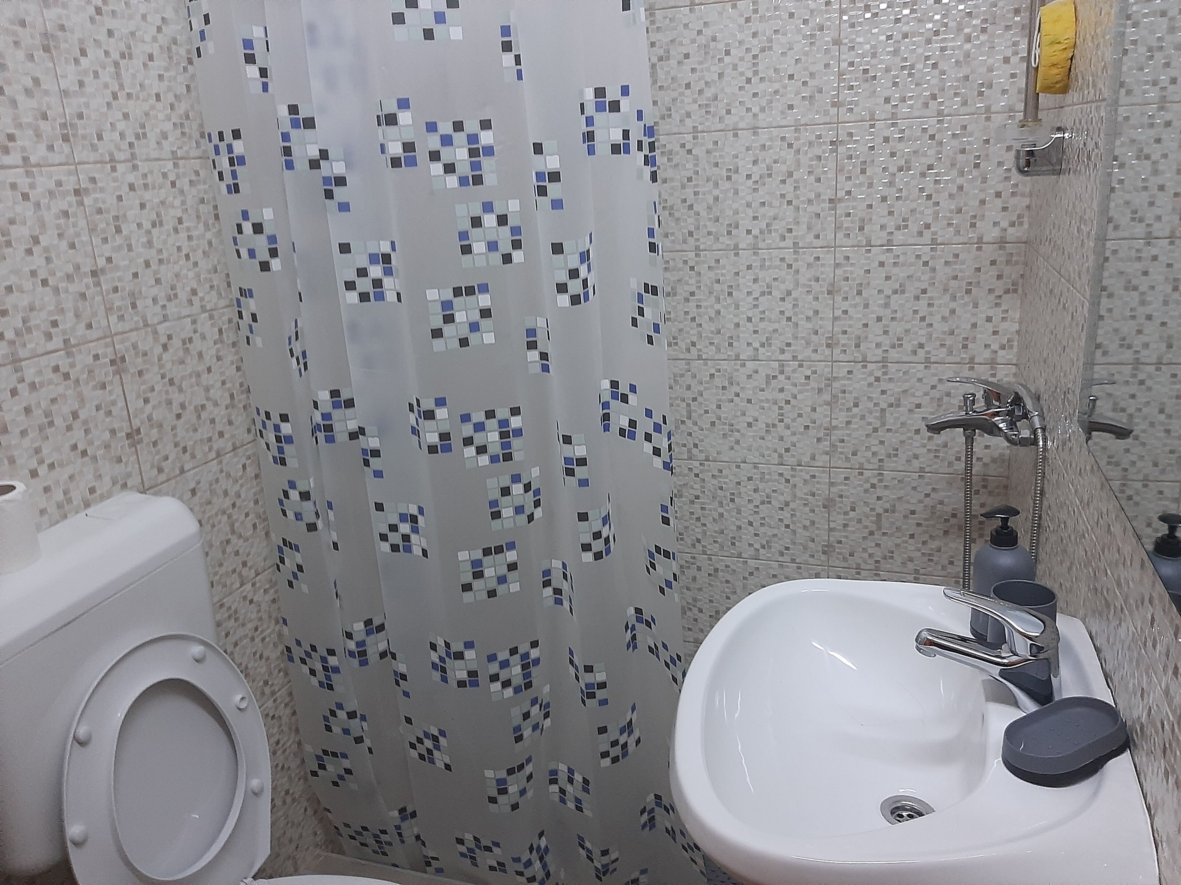 A bathroom with a toilet, sink, and shower area.